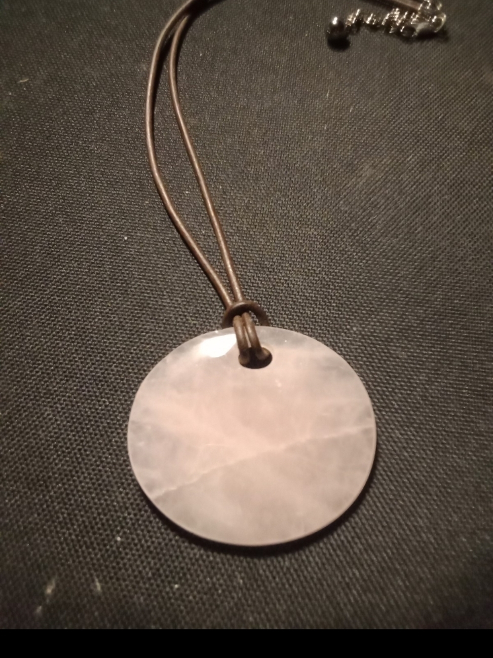 Round Rose Quartz Pendant Necklace on Brown Leather Cord - Pink